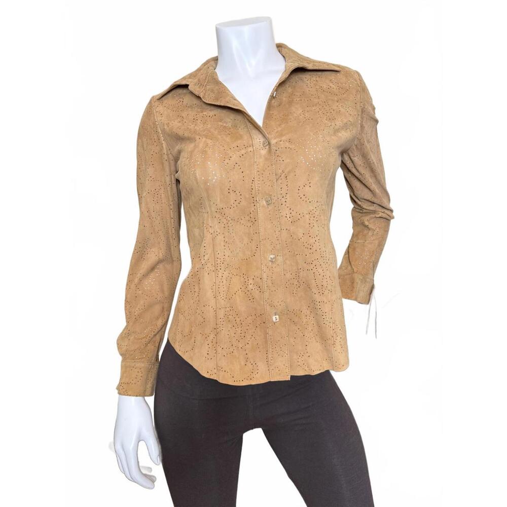 Dana Buchman Petite Genuine Suede Laser Cut Shirt Jacket Size 2 – Doe Tan NWT